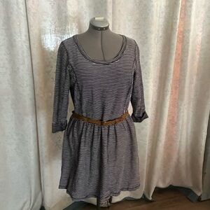 Navy and White Striped Belted Dress